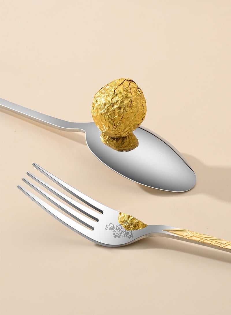 SUNHOME 24-Piece Stainless Steel Cutlery Set with Gold Handle, Elegant Floral Pattern Flatware Set , Mirror Polished Food Grade Tableware, Ideal for Home Kitchen, Party and Eid Gift - Image 3